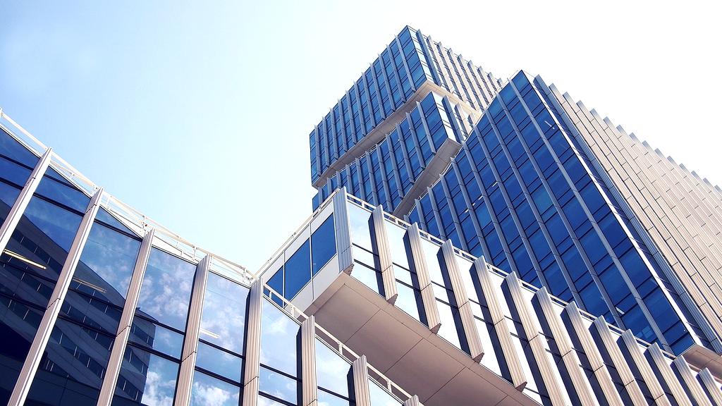 Glass elevator shaft in modern building